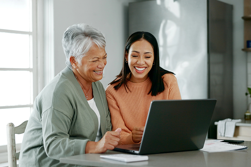 Home, mother and daughter with laptop for budget tracking